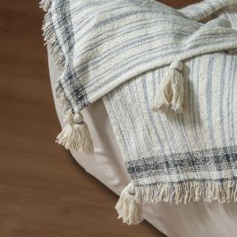 Handwoven Beige & Blue Striped Cotton Throw – 50″ x 56″